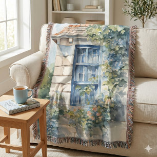 Blue Window Stone Wall Cottage Vines Throw Blanket