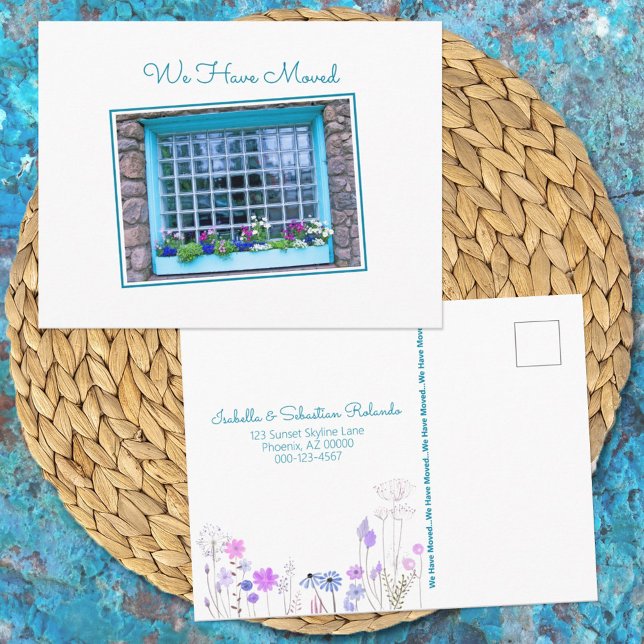 Blue Window We Have Moved Colourful Flower Box Postcard (Creator Uploaded)