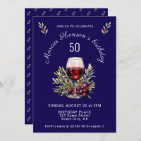 Blue Wine Glass Olive Watercolor 50th Birthday