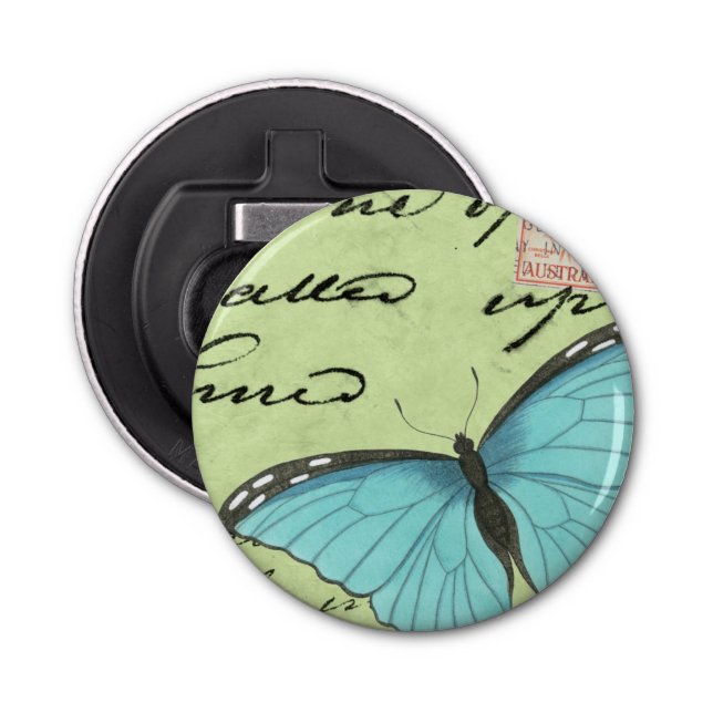 Blue-Winged Butterfly on Teal Postcard Bottle Opener (Front)