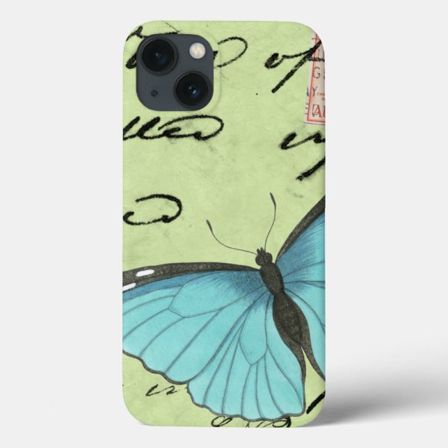 Blue-Winged Butterfly on Teal Postcard Case-Mate iPhone Case (Back)