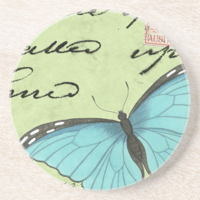 Blue-Winged Butterfly on Teal Postcard Coaster (Front)