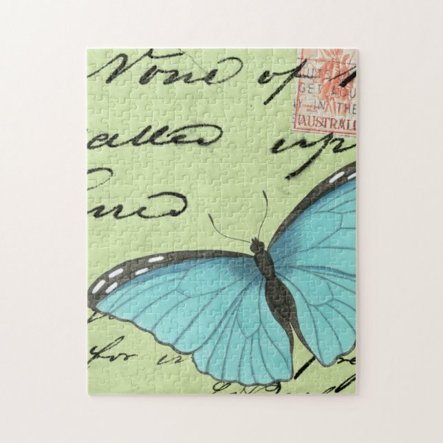 Blue-Winged Butterfly on Teal Postcard Jigsaw Puzzle (Vertical)