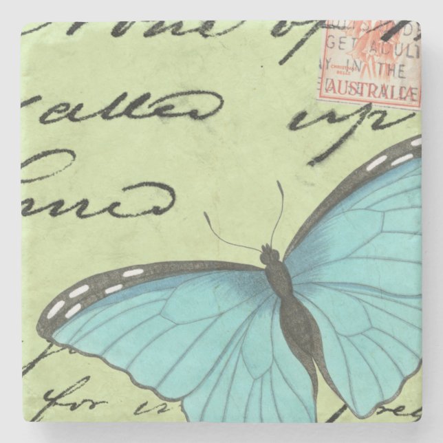 Blue-Winged Butterfly on Teal Postcard Stone Coaster (Front)