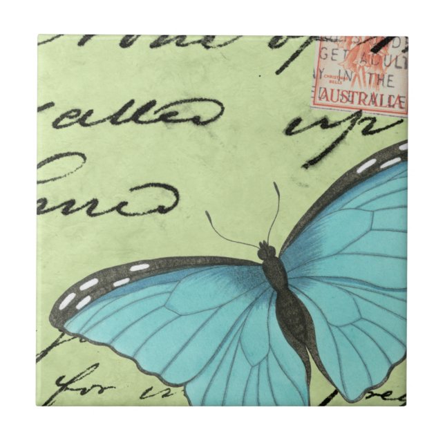 Blue-Winged Butterfly on Teal Postcard Tile (Front)