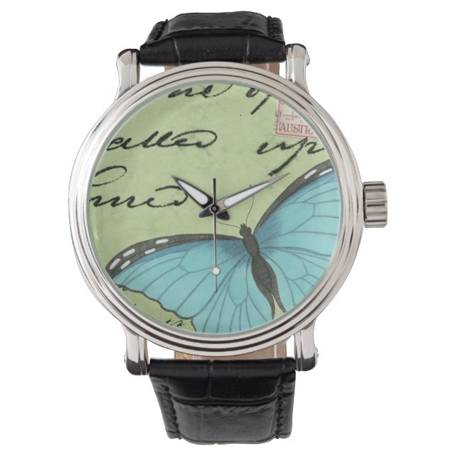 Blue-Winged Butterfly on Teal Postcard Watch (Front)