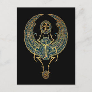 Blue Winged Egyptian Scarab Beetle with Ankh Black Postcard