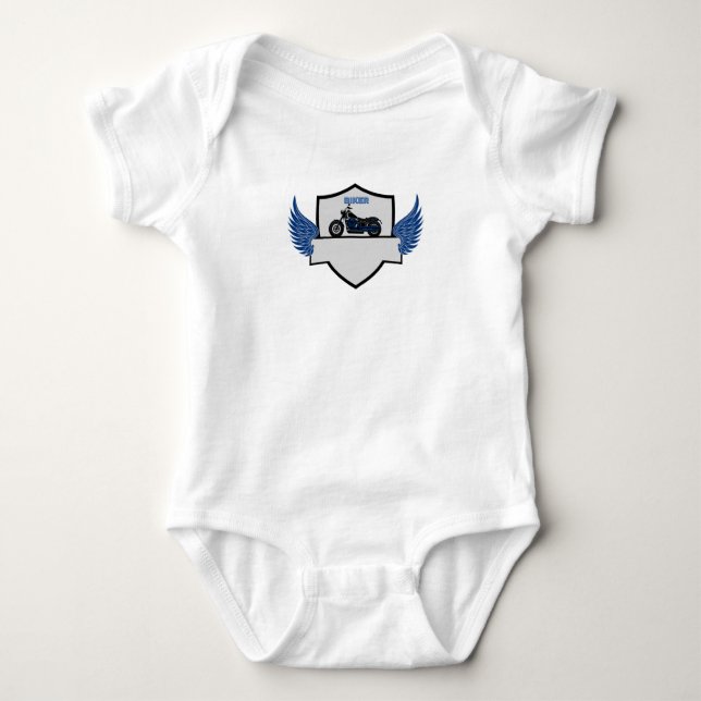 Blue wings, grey and motorcycle  baby bodysuit (Front)