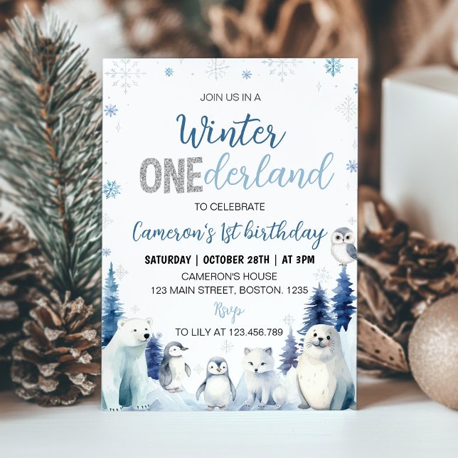 Blue Winter Animals Onederland 1st Birthday Invitation (Creator Uploaded)