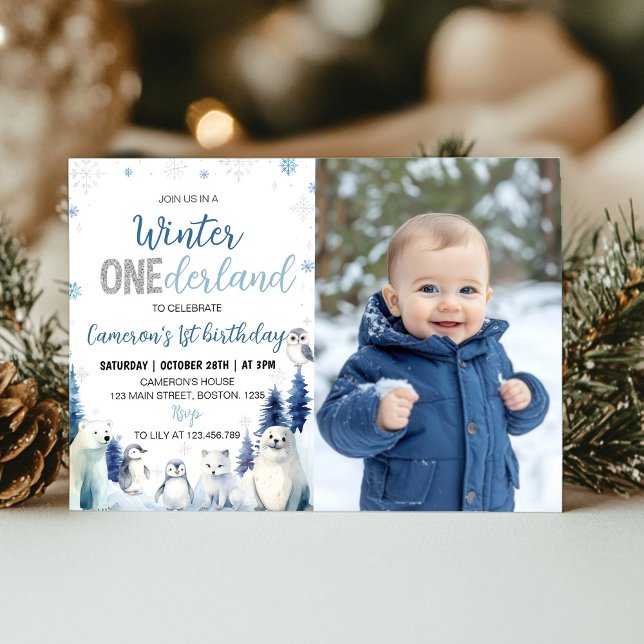 Blue Winter Animals Onederland 1st Birthday Photo  Invitation (Creator Uploaded)