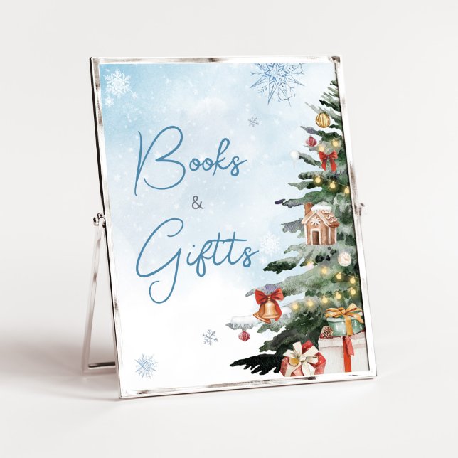 Blue Winter Baby It's Cold Outside Books and Gifts Poster (Baby It's Cold Outside Baby Shower Books and Gifts Sign)