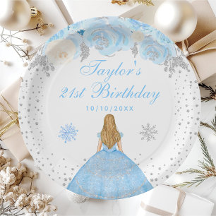 Blue Winter Blonde Hair Princess Birthday Party Paper Plate