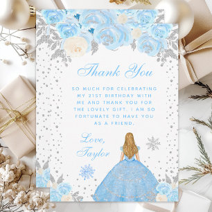 Blue Winter Blonde Hair Princess Birthday Party Thank You Card