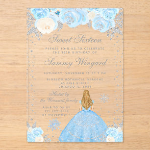 Blue Winter Blonde Hair Princess Sweet Sixteen Acrylic Invitations