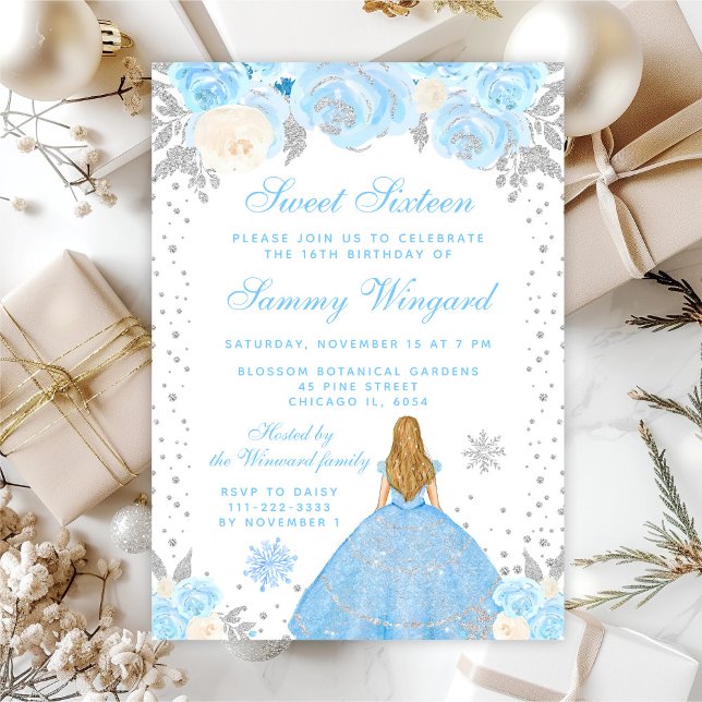 Blue Winter Blonde Hair Princess Sweet Sixteen Invitation (Creator Uploaded)