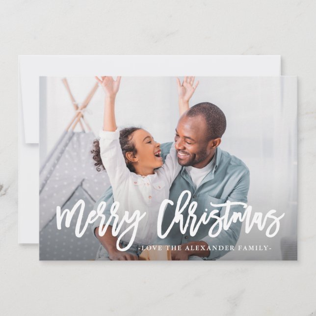 Blue Winter Botanical Merry Christmas Script Photo Holiday Card (Front)