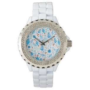 Blue Winter Botanical Pattern in Watercolor Watch