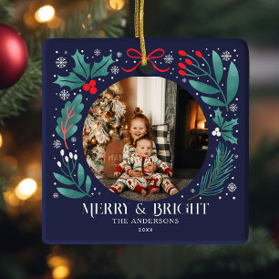 Blue Winter Botanicals Christmas Photo Ceramic Ornament