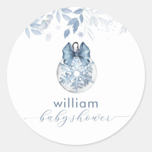 Blue Winter Bow Snowflake Ornament Baby Shower  Classic Round Sticker
