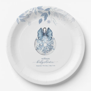 Blue Winter Bow Snowflake Ornament Baby Shower Paper Plate
