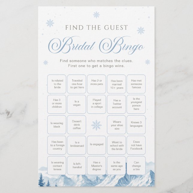 Blue Winter Bridal Shower Bingo Game (Front)