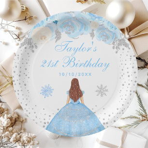 Blue Winter Brown Hair Princess Birthday Party Paper Plate