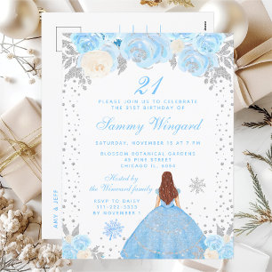 Blue Winter Brown Hair Princess Birthday Party Postcard