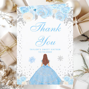 Blue Winter Brown Hair Princess Sweet Sixteen Thank You Card