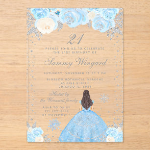 Blue Winter Brunette Hair Princess Birthday Party Acrylic Invitations