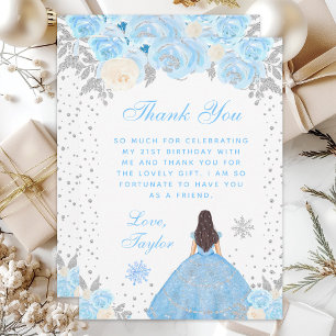 Blue Winter Brunette Hair Princess Birthday Party Thank You Card