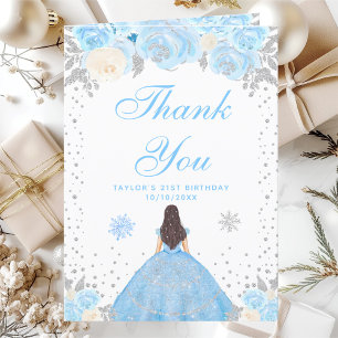 Blue Winter Brunette Hair Princess Birthday Party Thank You Card