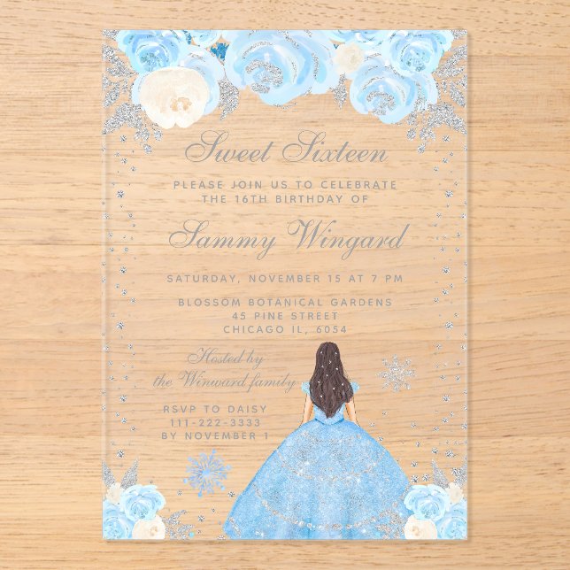 Blue Winter Brunette Hair Princess Sweet Sixteen Acrylic Invitations (Front)