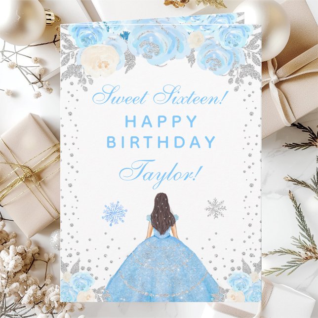 Blue Winter Brunette Hair Princess Sweet Sixteen Card (Creator Uploaded)
