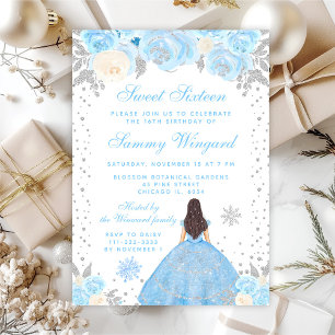 Blue Winter Brunette Hair Princess Sweet Sixteen Invitation