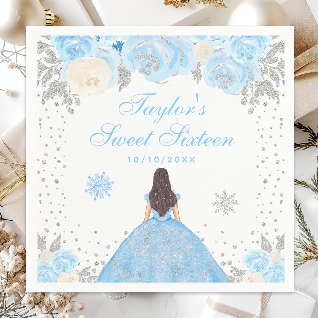 Blue Winter Brunette Hair Princess Sweet Sixteen Napkin (Creator Uploaded)