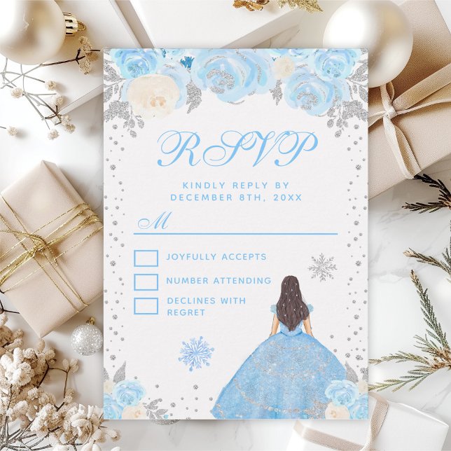 Blue Winter Brunette Hair Princess Sweet Sixteen RSVP Card (Creator Uploaded)