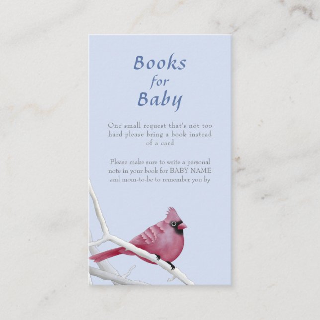 Blue Winter Cardinal Bird Baby Shower Book Request Enclosure Card (Front)