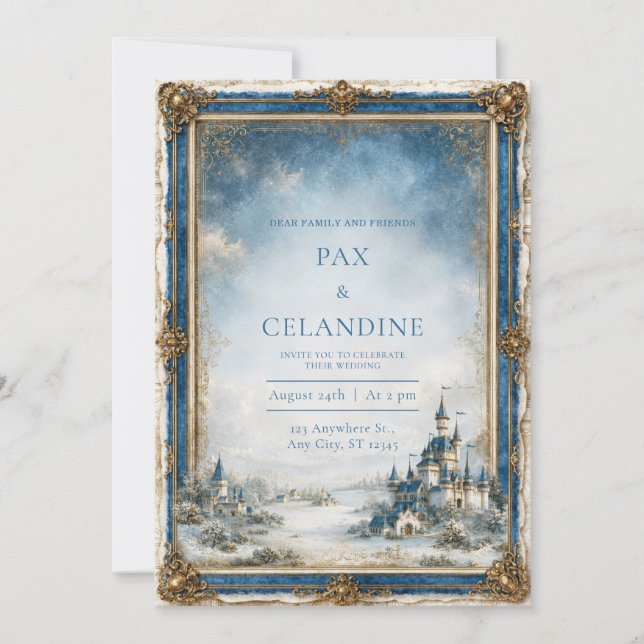 Blue Winter Castle Wedding Invitation (Front)
