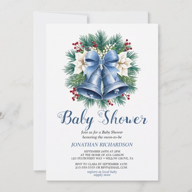 Blue Winter Christmas Bells baby shower Invitation (Front)