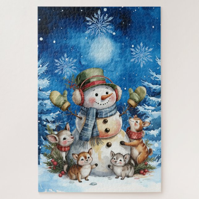 Blue Winter Christmas Snowman & Woodland Animals Jigsaw Puzzle (Vertical)