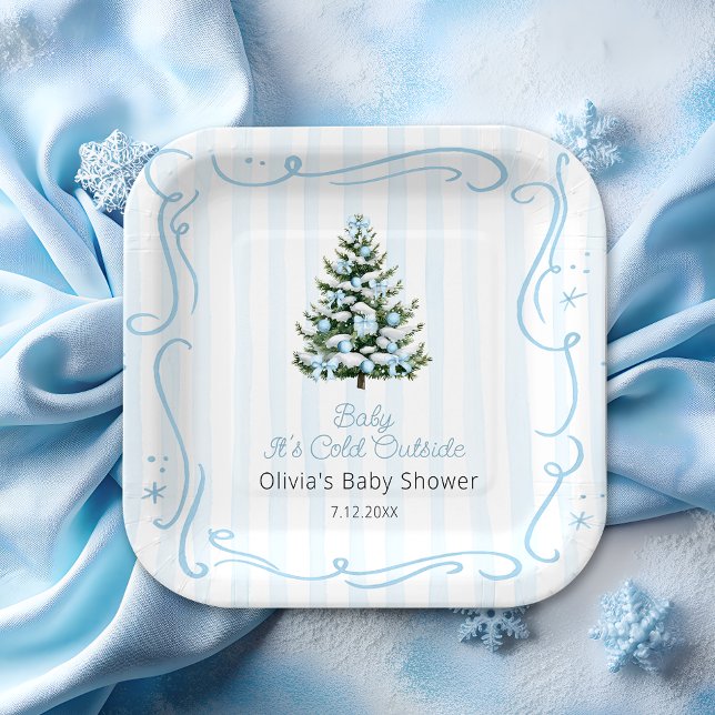 Blue Winter Christmas Tree Baby Shower Paper Plate (Creator Uploaded)