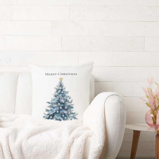 Blue Winter Christmas Tree Gold Star Cushion (Couch)