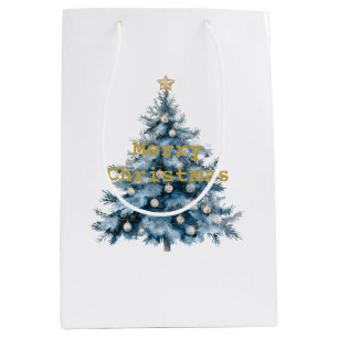 Blue Winter Christmas Tree Gold Star Medium Gift Bag