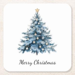 Blue Winter Christmas Tree Gold Star Square Paper Coaster