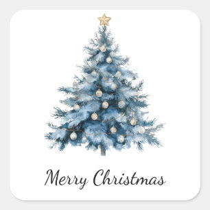 Blue Winter Christmas Tree Gold Star Square Sticker