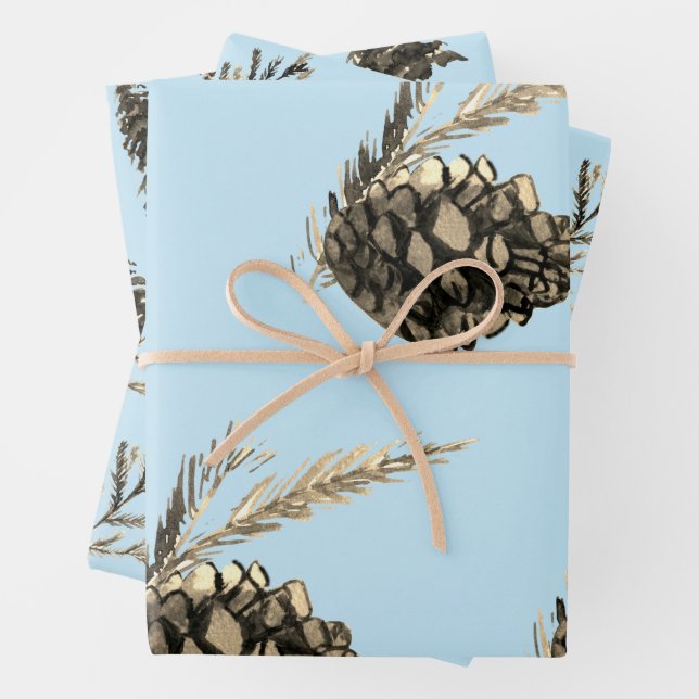 Blue Winter Christmas Tree Pine Branch Cones Wrapping Paper Sheet (In situ)