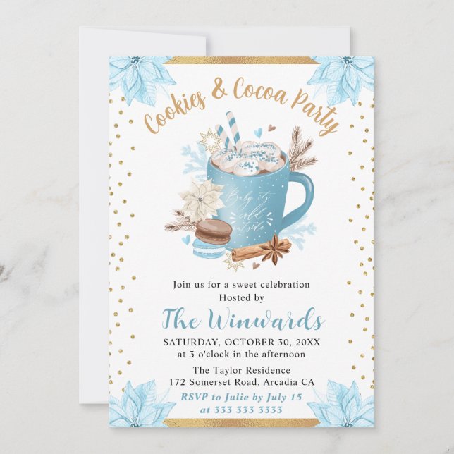 Blue Winter Cookies & Cocoa Party Invitation (Front)