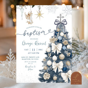 Blue Winter Coquette Bow Christmas Baptism Invitation