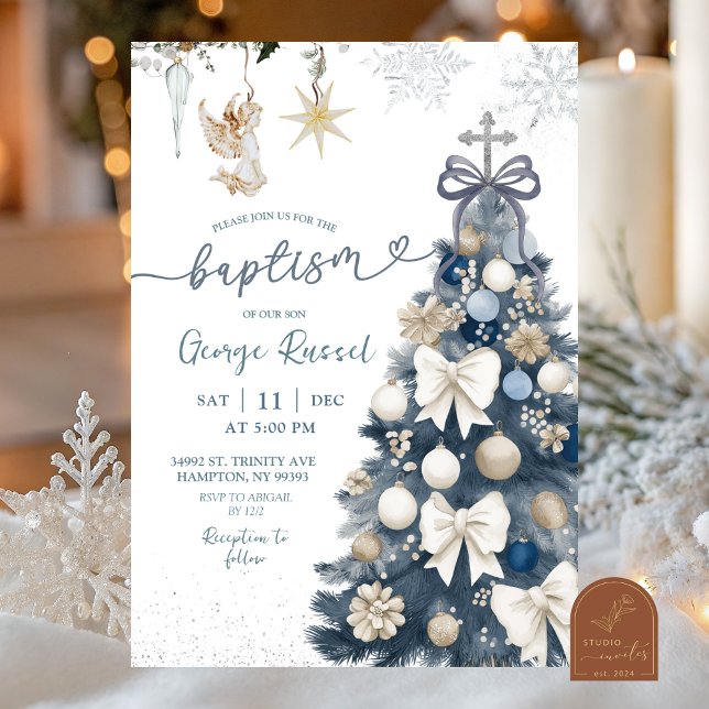 Blue Winter Coquette Bow Christmas Baptism Invitation (Creator Uploaded)