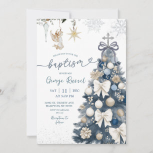 Blue Winter Coquette Bow Christmas Baptism Invitation
